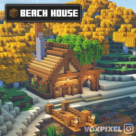 Minecraft Wooden House, Minecraft Build House, Simple Beach House, Mind Craft, Minecraft Building Guide, Minecraft Idea, Rumah Minecraft Sederhana, Bangunan Minecraft, Minecraft Cottage