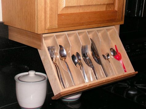 Under-Cabinet Cutlery Storage Solution | If saving space is your goal, you can take advantage of the space under your cabinets and free up your silverware drawer with an under-cabinet option like this one. | Etsy ($39) Rangement Caravaning, Under Cabinet Drawers, Rv Storage Solutions, Cabinet Spice Rack, Organiser Cucina, Silverware Storage, Under Cabinet Storage, Camper Kitchen, Trailer Storage