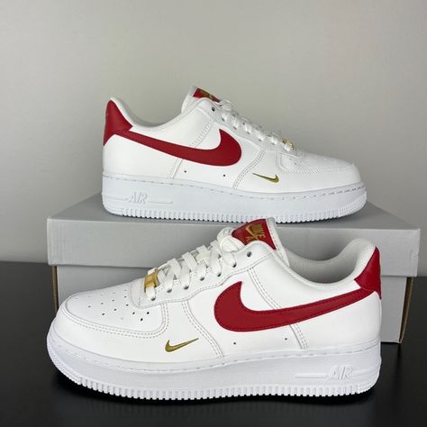 New Womens Nike Air Force 1 Essential Gym Red Gold White CZ0270-104 Quince Nike Shoes, Nike Airforce Shoes, Nike Air Force Woman, Red Nikes For Women, Nike Shoes Women Air Force, Red Air Forces, Shoe Wishlist Women, Shoes Nike Air Force, Nike Air Force 1 Red