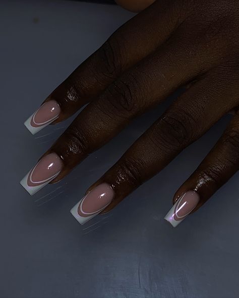 Double French and aurora chrome 🥰 #nails #nailsnailsnails #frenchnails💅 #nailsofinstagram #ogbanailtech #nailsinogba Double French Nails Coffin, French Tips Black Women, White Chrome Acrylic Nails, Different Types Of French Tip Nails, Aurora Chrome Nails, Double French Manicure, Double French Tip Nails, Double French Nails, Double French Tip