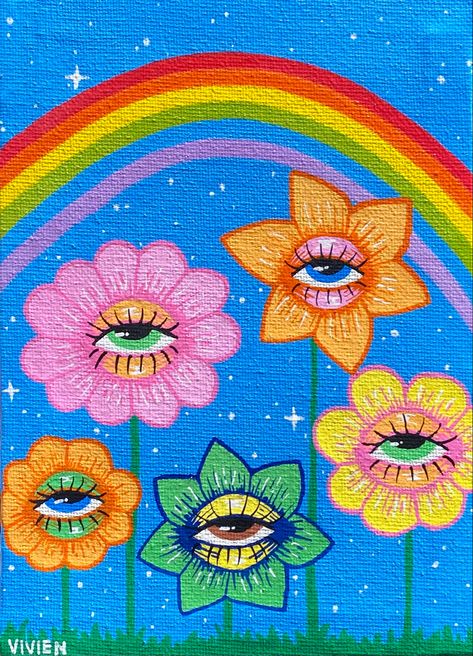 Funky Art Aesthetic, Eye Flower, Eyeball Art, Posca Marker, Arte Peculiar, Psychadelic Art, Hippie Painting, Simple Canvas Paintings, Cute Canvas Paintings