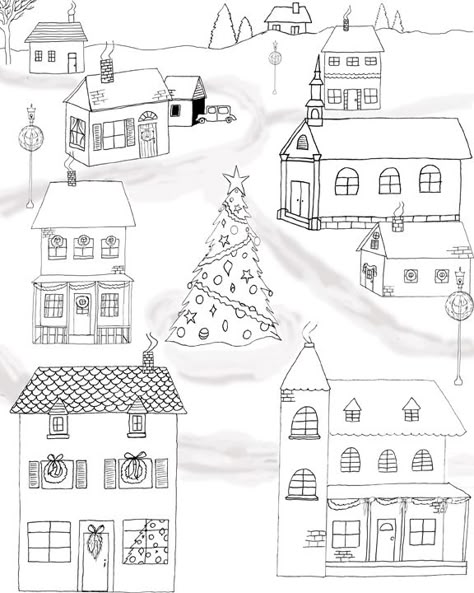 Free Printable Christmas Coloring Page Village Coloring Pages, Christmas Coloring Printables, Black And White Clip Art, Christmas Colouring Pages, Free Christmas Coloring Pages, Christmas Colouring, Printable Christmas Coloring Pages, City Christmas, House Colouring Pages