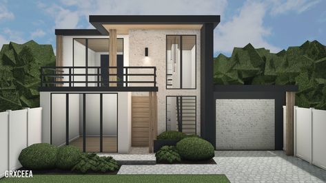 Small Bloxburg House Ideas Modern, Small Modern Home Bloxburg, Bloxburg Nyc Townhouse, Front House Bloxburg, Small House Bloxburg Exterior, Bloxburg 5k House, Bloxburg Exterior Modern, Bloxburg Hillside House Layout, Bloxburg Modern House Color Scheme