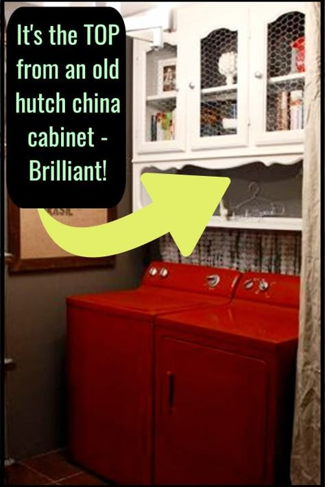 Repurposed China Cabinet Ideas - wondering what to do with TOP half of hutch?  Take a look at this clever DIY storage cabinet idea for your laundry room - the shelves and cabinets are a simple hutch redo idea.  See OTHER uses for dining room hutch cabinets here... Other Uses For Dining Room, China Cabinet Ideas, Repurposed China Cabinet, Hutch Redo, Repurposed China, Hutch Makeover, Hutch Cabinet, Dining Room Hutch, Casa Country