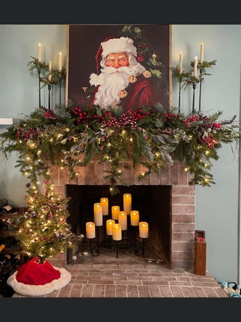 Santa Picture Over Fireplace, Christmas Mantle With Santa Picture, Christmas Mantel With Santa Picture, Santa Mantle, Santa Fireplace, Christmas Fireplaces, Christmas Mantles, Mantle Decorating, Santa Ideas