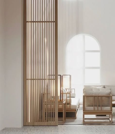 Japandi Partition, Muji Style Bedroom, Apartment Japandi, Japandi Rustic, Entryway Divider, Japandi Ideas, Room Divider Entryway, Wooden Partition Design, Dining Room Divider