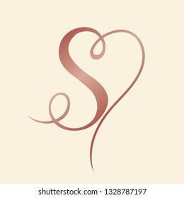 Letter S logo with line-art heart shape.Elegant, feminine calligraphic sign.Lettering icon with uppercase initial in copper metallic color isolated on light background.Boutique, wedding style. Letter S Heart Tattoo, A Heart Tattoo Letter, S Tattoo Letter Initial With Heart, S With Heart Tattoo, Letter S With Heart, Ss Tattoo Letter Design, S Letter Tattoo Design, S Heart Tattoo, S Tattoo Letter Initial