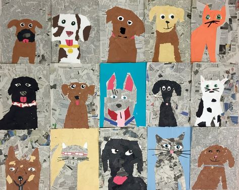 Dog Collage Art, Animal Art Lessons Elementary, Collage Art Animals, Dog Art Projects, Texture Art Projects, Collage Animals, 1st Grade Art, Collages Art, Animal Collage