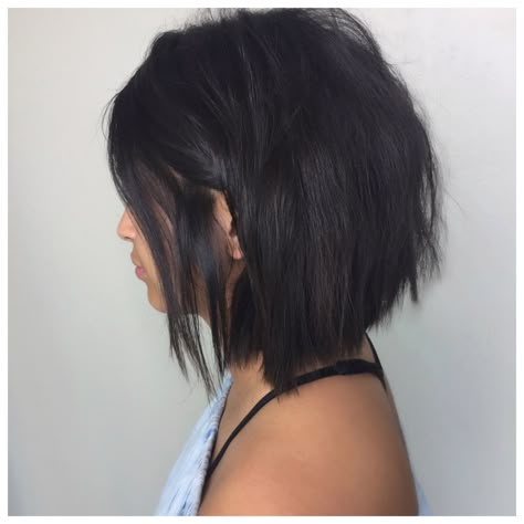 Black Angled Bob, Dark Angled Bob, Short Dark Hair Straight, Short Fall Balayage Hair, Lob On Plus Size Woman, Shorter In Back Longer In Front Hair, Choppy Bob Haircuts Shoulder Length, Short Dark Hair With Layers, Medium Angled Bob