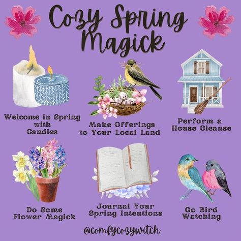 Comfy Cozy Witch Jennie Blonde on Instagram: "Spring is quickly approaching so I decided to share some cozy, magical ways to welcome spring! 💖 . 🕯️ welcome spring with some candle Magick 🕯️ make offerings to your local land 🕯️ perform a house cleanse ritual 🕯️ do some flower magick 🕯️ journal your spring intentions 🕯️ go spring bird watching . . What will you do to welcome spring? . . Feel free to share, but please give credit to @comfycozywitch . #hearthwitchery #greenwitch #witchybook Spring Equinox Ritual Witches, Comfy Cozy Witch, Spring Witchcraft, Spring Witch Aesthetic, Tuesday Magic, Witchy Spring, Witch Holidays, House Cleansing Ritual, Cleanse Ritual