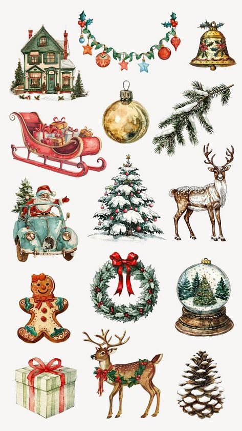 Editable vintage Christmas illustration design element set | premium image by rawpixel.com / ton Christmas Symbols Illustration, Christmas Vintage Stickers, Christmas Vintage Ornaments, Christmas Grafic Design, Vintage Christmas Clipart, Vintage Christmas Stickers, Fall Stickers Free Printable, Vintage Christmas Design, Scrapbook Ideas Christmas