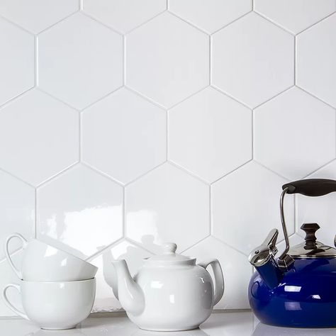 Ivy Hill Tile Bethlehem Hexagon 6" x 7" Ceramic Field Tile | Wayfair Hexagon White Backsplash, Hexagon Tile Backsplash Kitchen, 3d Hexagon, Affordable Tile, Kitchen 2024, Polish Ceramics, Kitchen Redesign, Kitchen Backsplash Designs, Ceramic Subway Tile