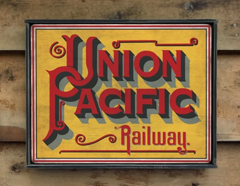 Reproduction of Union Pacific Railway logo c.1884 Measurements: 12" x 15.5" Each item is locally made and finished on site, at our home. Have pride in knowing that your item was hand crafted locally with love and care and not factory mass-produced. Each piece that we provide is handcrafted using low V.O.C. (Volatile Organic Compounds) finishes, stains, and inks which are environmentally responsible products that deliver beauty and protection, while meeting the most stringent environmental regulations. We also use non-toxic, water-based paints and glue. Most items are made from recycled wood; all of which to help reduce the environmental impact. Help us contribute to cleaning up the environment, by turning old into new. Order a 'VASSdesign' product today! As each item is handmade by order, Vintage General Store Sign, Old Signs Vintage, Vintage Shop Fronts, Railway Logo, Tattoo Sign, Vintage Graphic Art, Street Logo, Tattoo Letters, Retro Signage