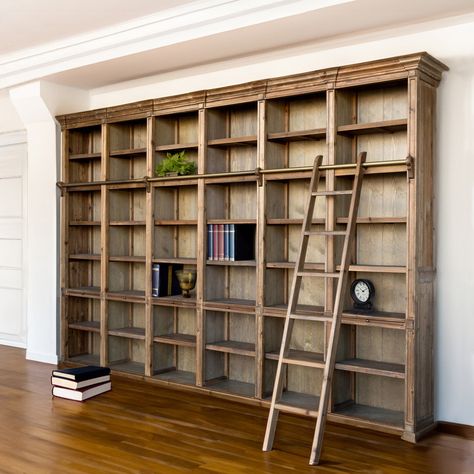 Molding Detail, Farmhouse Bookshelf, Sliding Ladder, Wood Crown, Wood Crown Molding, Library Cabinet, Ladder Bookshelf, Aged Wood, Wood Bookshelves