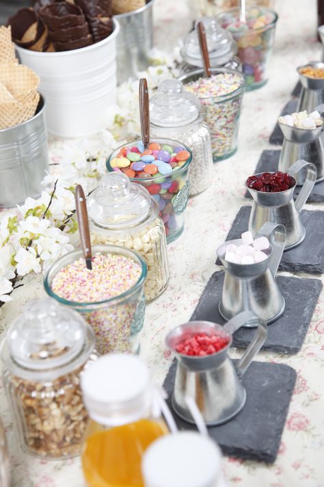 Toppings, Sweets and sprinkles, from my country casual sundae table. Ice cream station, ice cream sundae bar. Ice Buffet Ideas, Sunday Bar Ideas Ice Cream Wedding, Sunday Ice Cream Bar, Sundae Toppings Ideas, Ice Cream Wedding Dessert, Ice Cream Sundae Bar Ideas Wedding, Ice Cream Station Wedding, I’ve Cream Bar Wedding, Ice Cream Sundae Bar Wedding