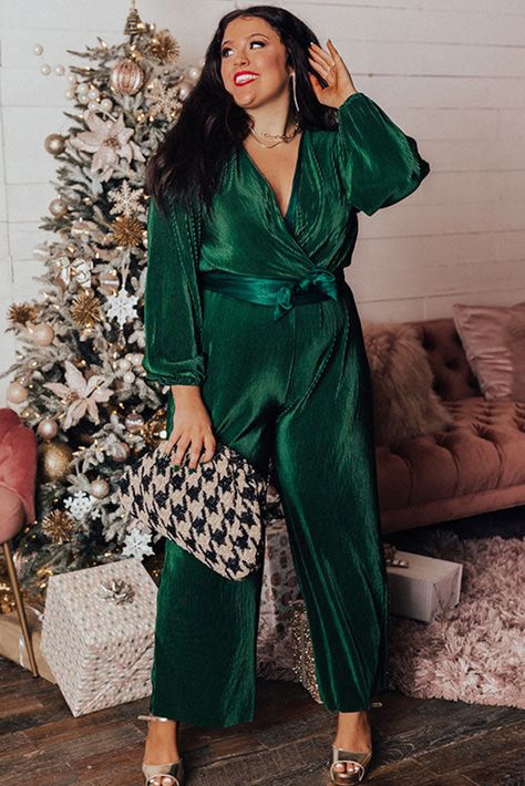 $12.45 Dark Green Plus Size Pleated Satin Belted V Neck Jumpsuit Wholesale V Neck Jumpsuit, Pleated Jumpsuit, Satin Jumpsuit, Loungewear Dresses, Velvet Jumpsuit, Plus Size Jumpsuit, Pleated Fabric, Plus Size Kleidung, Southern Belle