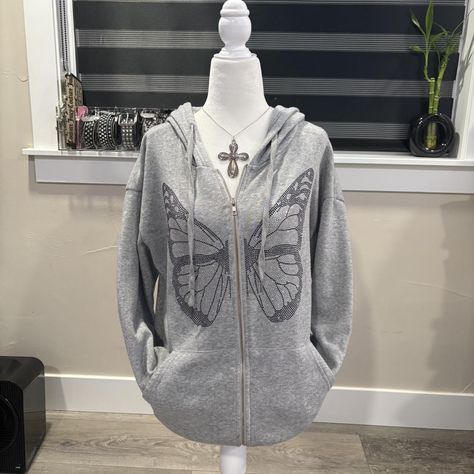 Grey butterfly zip up hoodie #rhinestone #grunge... - Depop Butterfly Zip Up Hoodie, Grey Butterfly, Grey Zip Up Hoodie, Zipup Hoodie, Zip Up Hoodies, Zip Up Hoodie, Zip Ups, Outfit Inspo, Grey