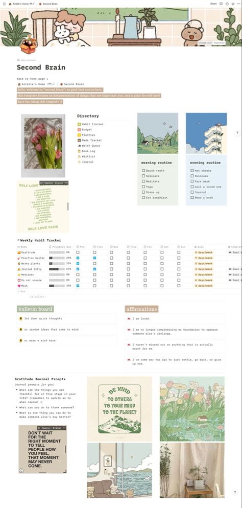 A place for you to document and organise important things that wouldn’t have been otherwise kept into your brain 🙃 also included affirmations, journal, habit trackers etc. check it out on @ariellestudying on instagram! Notion Table Ideas, Fun Notion Ideas, Notion Tracker Ideas, Notion Affirmation Template, Notion Template Ideas Habit Tracker, Notion Template Habit Tracker, Notion Habit Tracker Aesthetic, Habit Notion, Notion Prompts