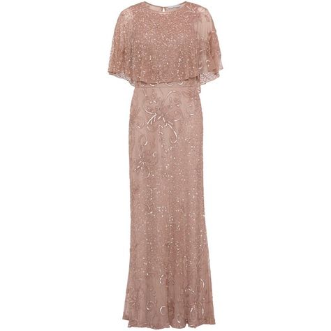 Gina Bacconi Beaded Mesh Dress With Cape, Rose ($370) ❤ liked on Polyvore featuring dresses, sheer maxi dress, evening maxi dresses, sequin maxi dress, midi dress and maxi dress Kebaya Rose Gold, Beaded Mesh Dress, Rose Gold Clothes, Empire Waist Evening Dress, Jenny Packham Dresses, Kate Middleton Dress, Dress With Cape, Rose Clothing, Empire Waist Maxi Dress