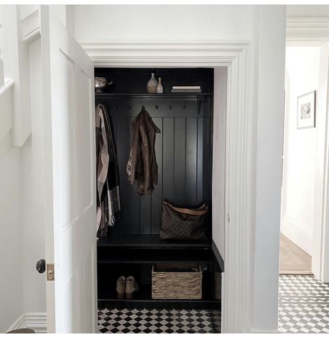 Small Cloak Room Ideas, Mud Room Under Stairs Closet, Victorian Hallway Ideas, Shoe Storage Under Stairs, House Mudroom, Stairs Pantry, Coat Room, Under Stairs Nook, Coat And Shoe Storage