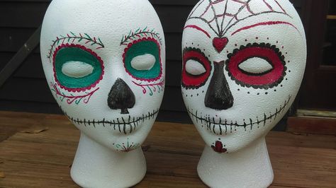 Day of the Dead makeup ideas on styrofoam heads Styrofoam Heads, Day Of The Dead Makeup, Foam Wigs, Dead Makeup, Styrofoam Head, Foam Head, Wig Stand, Mannequin Heads, Building Ideas