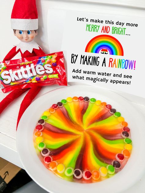 Here's a fun Elf on the Shelf activity with a little magic too. This magic Skittles rainbow experiment is fun, easy to set up, and inexpensive too with this FREE Elf on the Shelf Skittles Rainbow Printable. Elf On The Shelf Donut Ideas Free Printable, Elf On A Shelf Rainbow Skittles, Elf On The Shelf And Skittles, Elf Post It Notes, Elf On The Shelf Sensory Ideas, Elf On The Shelf With Skittles, Unicorn Elf On The Shelf, Skittle Elf On The Shelf, Elf On Shelf Coloring Ideas