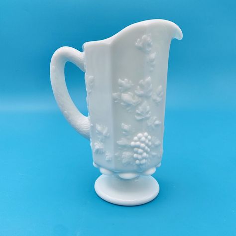 Vintage Westmoreland White Milk Glass Pedestal Footed 8" Pitcher Grape Design Milk Glass Collection, Grape Design, Westmoreland Glass, Glass Pedestal, White Milk Glass, Vintage Dishes, Sign Design, The Eye, Milk Glass