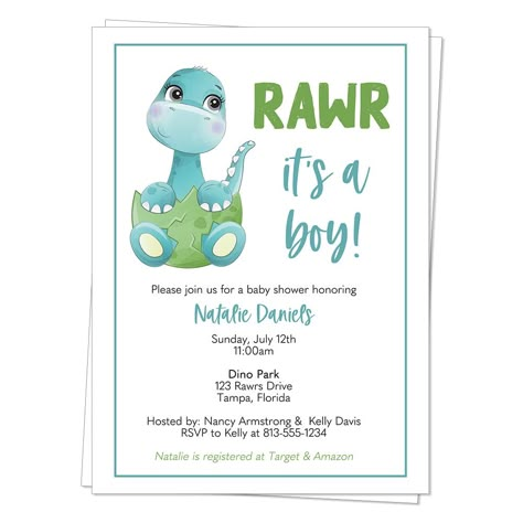 PRICES MAY VARY. ♥ Invite guests to your baby shower with these cards featuring an adorable dinosaur in an egg. ♥ We can change the event/type to fit your event. If you would like to see a sample prior to ordering, contact us via Amazon messages. ♥ Includes 12 Invitations and 13 White Envelopes. ♥ Invitations measure 5x7 inches and are custom printed with your event details. ♥ Printed on high quality matte smooth finish card stock. ♥ All our products are Made with Love in the USA. ♥ Female owned Dinosaur Baby Shower Ideas For Boys, Dinosaur Baby Shower Ideas, Dinosaur Baby Shower Invitations, Dinosaur Baby Shower Theme, Dino Theme, Egg Baby, Baby Shower Party Games, Baby Boy Themes, Dinosaur Invitations