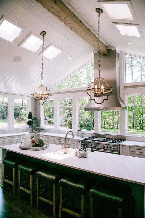 Kitchen Vaulted Beadboard Ceiling with Skylights Gray Wainscoting, Vaulted Kitchen, Beadboard Trim, French Stove, Vaulted Ceiling Lighting, Dentil Molding, Vaulted Ceiling Kitchen, Ceiling Kitchen, Navy Kitchen