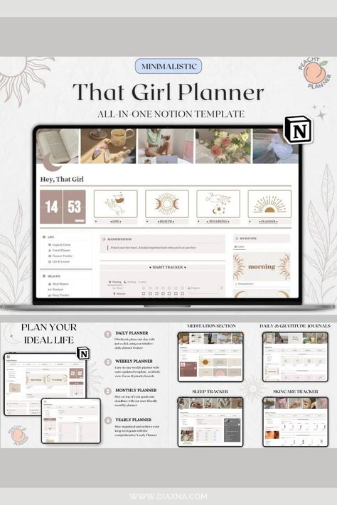 Aesthetic Organization: Top 'That Girl' Notion Dashboard Themes for Enhanced Productivity Notion Productivity, Aesthetic Organization, Meal Prep Planner, Notion Dashboard, Aesthetic Notion, That Girl, Aesthetic Templates, Wellness Tracker, Online Planner