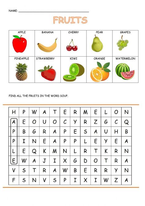 Fruit word soup - Ficha interactiva I Like Fruits Worksheet, Fruits Worksheet For Grade 1, Fruit Worksheets For Kindergarten, Fruits Worksheets For Kindergarten, Fruits Activities For Kids, Fruit Worksheets For Kids, Fruits Worksheets For Kids, B Letter Words, Fruits Activity