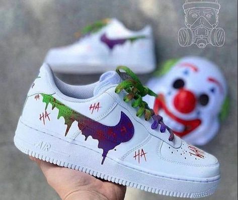 Joker Air Force 1, Barney Costume, Joker Custom, Custom Nike Air Force 1, Custom Sneakers Diy, Custom Nike Air Force, Custom Jordans, Custom Shoes Diy, Nike Air Force 1s