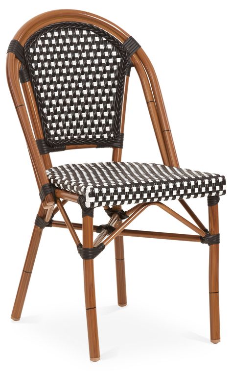 Imbued with Parisian-inspired allure, this weatherproof bistro chair shows off a rattan-style aluminum body with a high-contrast, handwoven seat and braided trim. Reinforced with wrapped joints for... Black And White Dining Room, Mexican Restaurant Decor, Bistro Chairs Outdoor, Caned Armchair, Rattan Style, Blue Dining Chair, Bistro Furniture, Fire Pit Furniture, Outdoor Bistro