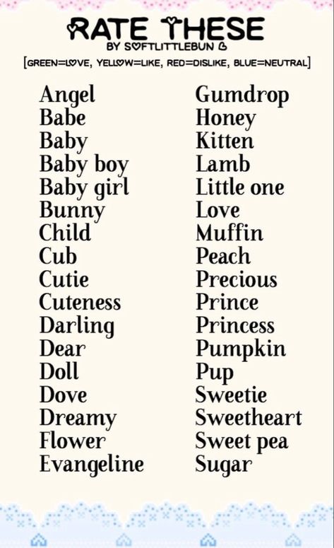 Pet Names Template, Names I Adore Coquette, Coquette Pet Names, Kawaii Nicknames, Nickname Template, Gyaru Names Ideas, Space Nicknames, Kidcore Names, Soft Nicknames