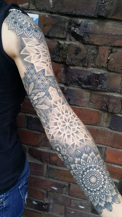 Black and gray mandala full sleeve tattoo Dot Work Mandala Tattoo Sleeve, Dotwork Mandala Sleeve, Mandala Shading Tattoo, Shading Tattoo Ideas Full Sleeves, Layered Mandala Tattoo, Geometric Tattoo Negative Space, Geometric Shading Tattoo, Spiritual Realism Tattoo, Black And Shaded Tattoos