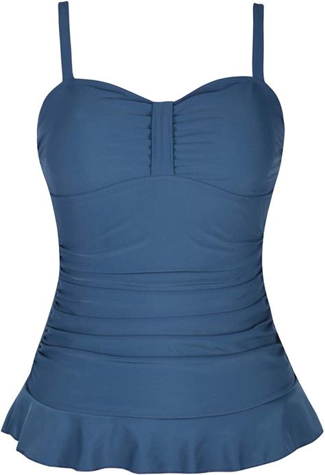 Hilor Women's 50's Retro Ruched Tankini Swimsuit Top with Ruffle Hem- “As An Amazon Associate I Earn From Qualifying Purchases.” Tankini With Skirt, Ruched Tankini, Affordable Swimwear, Tankini Swimsuits For Women, Womens Tankini, Tankini Swimsuit, Tankini Swimsuit Top, Plus Swimwear, Print Swimwear