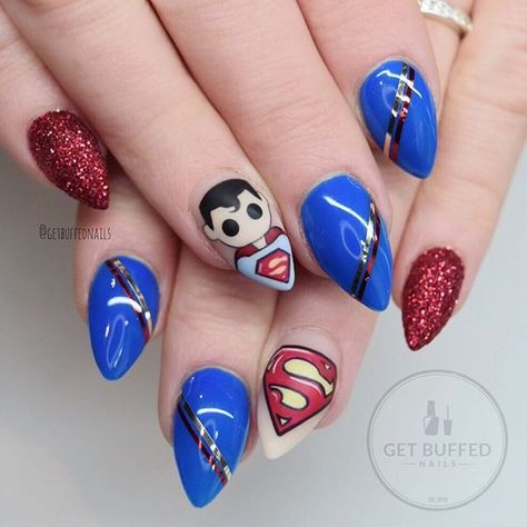 'You're much stronger than you think you are, trust me' ❤️ SUPERMAN ❤️ For my lovely friend @sugar_top_cakes  Using all @gfa_australia gel polish  @glitter_heaven_australia glitter ✨ Avenger Nails, Super Hero Nails, Superman Nails, Superhero Nails, Avengers Nails, Princess Nails, 2019 Nails, Buff Nails, Cartoon Nails