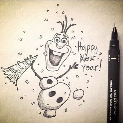 Olaf New Years Drawing, Disney New Years, Disney Happy New Year, Happy New Year Calligraphy, New Years Drawing Ideas, New Year Doodle, New Year's Drawings, Illustrator Portfolio, Kerby Rosanes