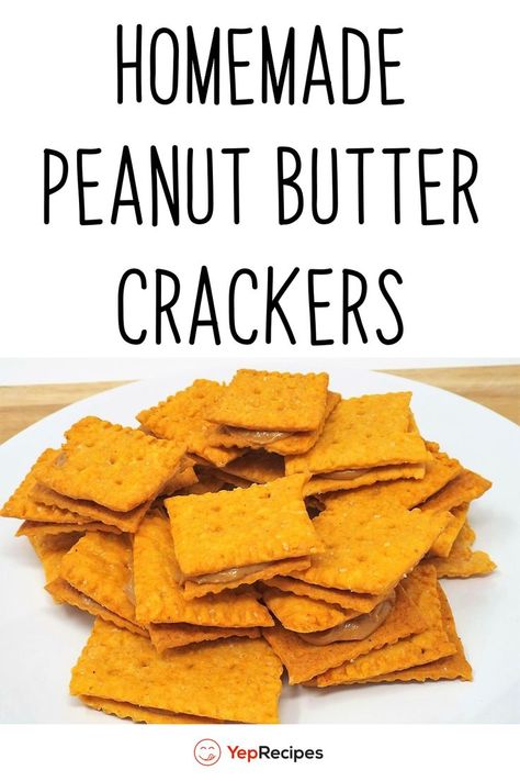 Natural peanut butter sandwiched between homemade cheese crackers. #YepRecipes Diy Peanut Butter Crackers, Homemade Peanut Butter Crackers, Peanut Butter Crackers, Homemade Cheese Crackers, Butter Crackers, Diy Snacks, Organic Peanut Butter, Peanut Butter Sandwich, Homemade Peanut Butter