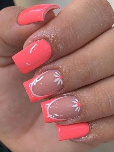 vivid coral with flower accent manicure Coral Nail Designs, Coral Acrylic Nails, Uñas Color Coral, Coral Nail Art, Coral Nails With Design, Coral Nail, Nails Art Designs, Fingernail Designs, Coral Nails