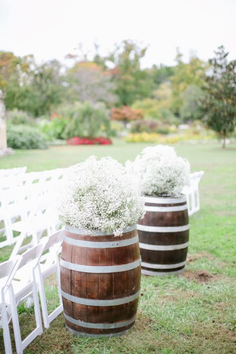 Babys Breath Wedding Decor | photography by http://www.heatherrothphotography.com Wine Barrel Wedding Decor, Barrel Wedding Decor, Wine Barrel Wedding, Wedding Aisles, Barrel Wedding, Flowers Wine, Rustic Wedding Decorations, Wedding Decorations On A Budget, Wine Barrels