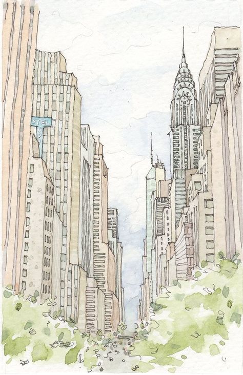 New York City Watercolor, Nyc Drawing, New York Drawing, City Watercolor, New York Illustration, City Sketch, City Drawing, Chrysler Building, New York Art