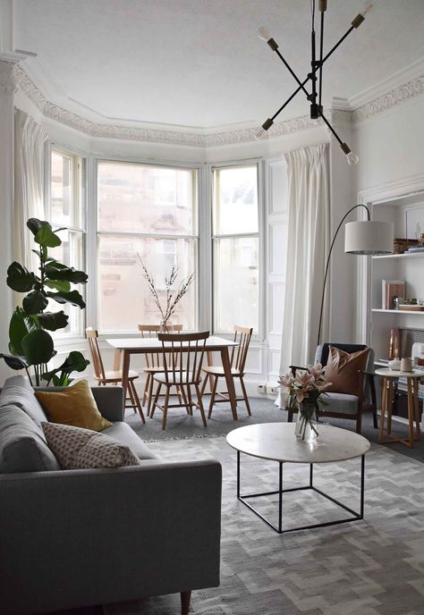 Living Room And Eating Area, European Flat Decor, Tenement Living Room, Transitional Apartment Decor, Edinburgh Apartment, Sf House, Transitional Apartment, European Apartment, French Modern