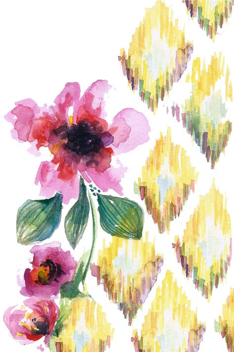 Yellow ikat pattern and pink flowers ---watercolour by krista oleary Watercolor Ikat Pattern, Chintz Motifs, Ikat Painting, Bedsheets Ideas, Flowers Watercolour, Kahlo Paintings, Watercolor Flower Prints, Watercolor Flowers Pattern, Kalamkari Painting