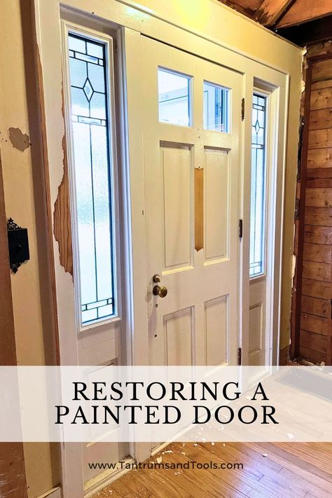 How to refinish a wood front door // Refinishing an old painting door diy // www.TantrumsandTools.com Sanding Front Door, Refinishing Front Door Wood, Best Paint Sheen For A Wooden Exterior Door, Refinish Front Door Wood, Stripping Paint From Front Door, How To Refinish Wood Front Door, How To Refinish Exterior Wood Doors, Paint Inside Of Front Door, Stripping Paint From Wood Door