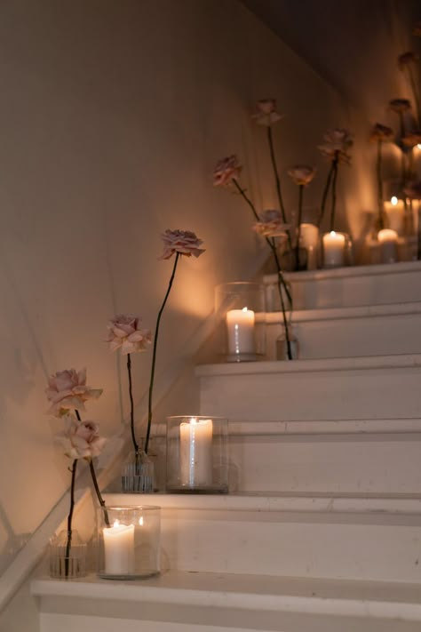 Stephanie & Brayden’s wedding. Wedding Stylist & Florist - @piaandjade. Candles On Stairs, Wedding Stairs, Floristry Design, Southern Highlands, Stair Decor, Candle Table, Wedding Stylist, Rose Candle, Sydney Wedding