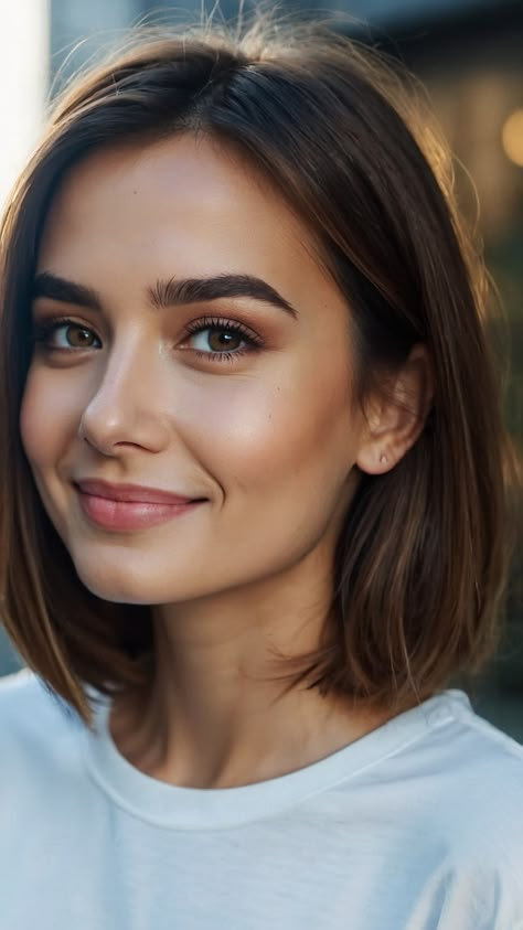 Trendy Hairstyles Straight Hair, Lob Haircut With Curtain Bangs Straight, Hair Right Above Shoulders, Collarbone Length Hair Oval Face, Slightly Above Shoulder Length Hair, Short Haircut Natural Hair, Just Above The Shoulder Length Hair, Natural Shoulder Length Hairstyles, Straight Brunette Bob