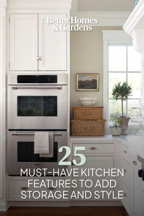 Enhance your kitchen with must-have features, including smart storage solutions, specialty appliances, and more. These kitchen upgrades make a major impact without a huge investment. #doubleoven #traditionalkitchen #kitchenideas #bhg Custom Kitchen Must Haves, Must Have Home Features, Kitchen Must Haves When Building, Must Haves For New House, Must Have Kitchen Cabinet Features, Kitchen Appliance Storage Ideas, Smart Kitchen Storage, Kitchen Appliances Layout, Must Have Kitchen Appliances