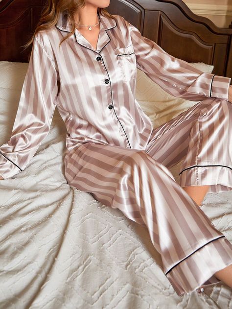 Striped Print Contrast Piping Satin PJ SetI discovered amazing products on SHEIN.com, come check them out! Sleepwear Aesthetic, Pijama Satin, Summer Pregnancy Outfits, Bride Dressing Gown, Sleepwear Women Pajamas, Satin Pj Set, Pyjama Satin, Striped Pant, Couple Pajamas