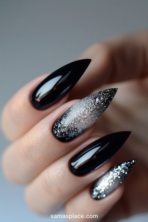 Black Matte Nails With Silver Glitter, Silver And Black Nail Ideas, Simple Gothic Nail Designs, Black Nails With Silver Tips, Black Silver White Nails, Black And Silver Chrome Nails Designs, Black White Ombre Nails, Black Party Nails, Black And Silver Nails Almond